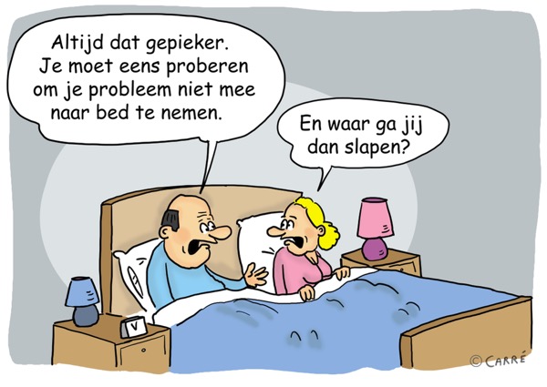 Cartoon van een koppel in bed, discussiërend over piekeren