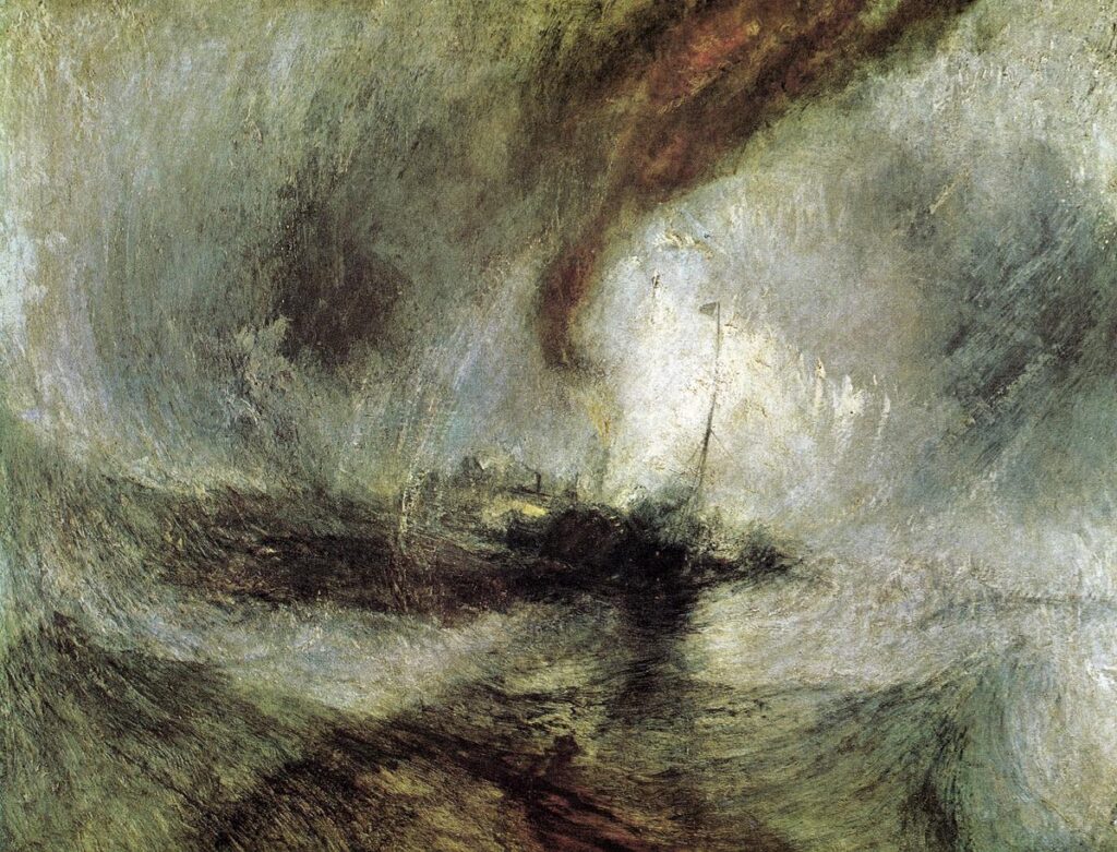 Schilderij van een schip in een storm op zee